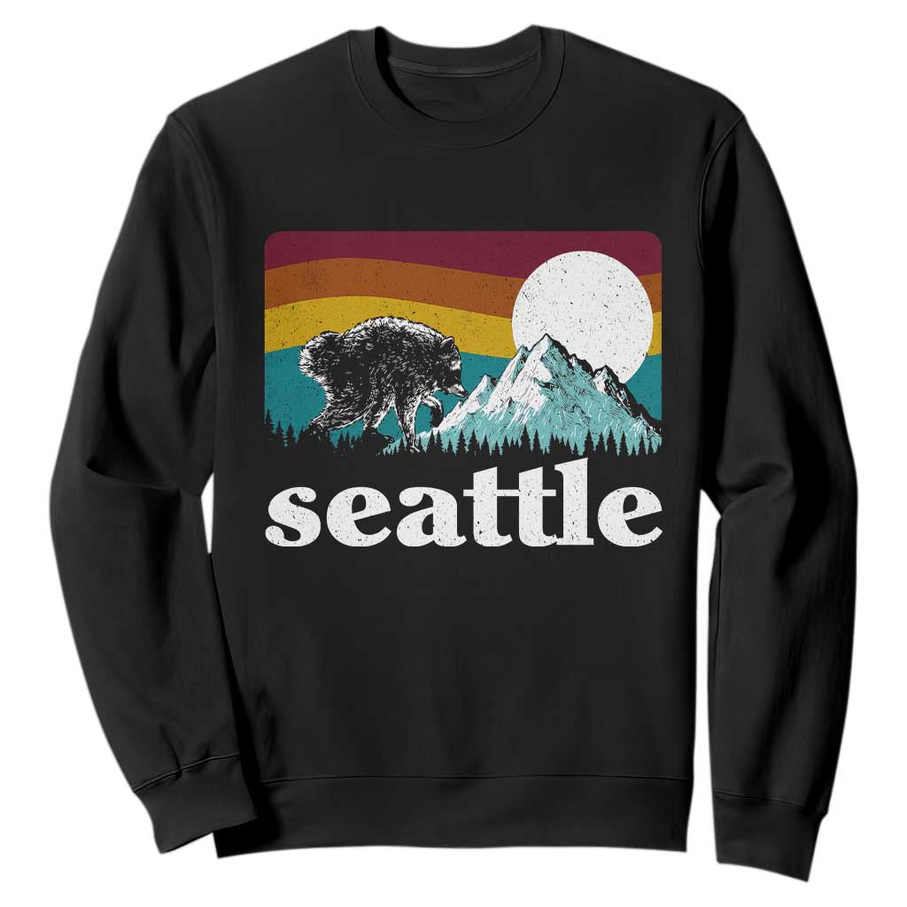 Seattle WA Mountains Jimothy the Raccoon Graphic Sweatshirt Retro Vintage Sunset Viral Trash Panda Feral Legend
