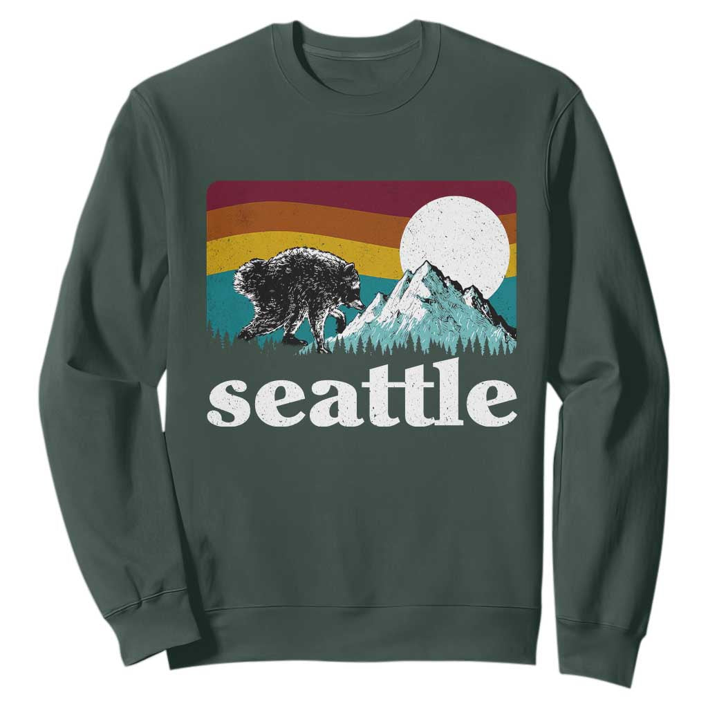 Seattle WA Mountains Jimothy the Raccoon Graphic Sweatshirt Retro Vintage Sunset Viral Trash Panda Feral Legend