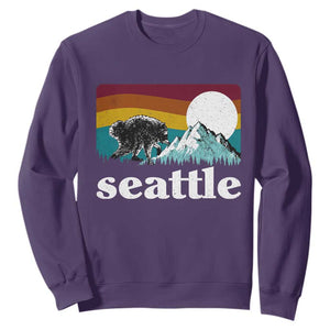 Seattle WA Mountains Jimothy the Raccoon Graphic Sweatshirt Retro Vintage Sunset Viral Trash Panda Feral Legend