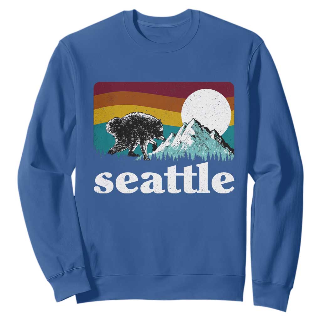 Seattle WA Mountains Jimothy the Raccoon Graphic Sweatshirt Retro Vintage Sunset Viral Trash Panda Feral Legend