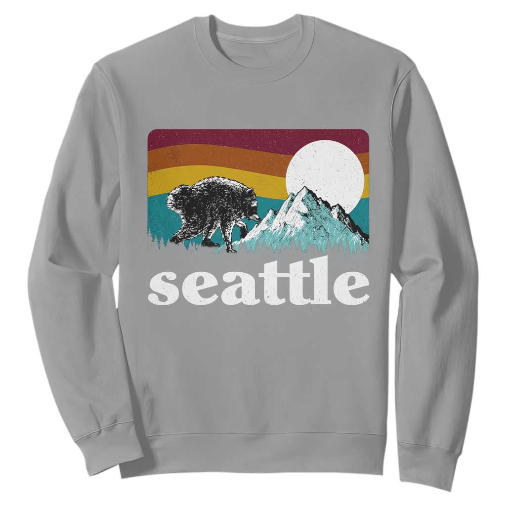 Seattle WA Mountains Jimothy the Raccoon Graphic Sweatshirt Retro Vintage Sunset Viral Trash Panda Feral Legend
