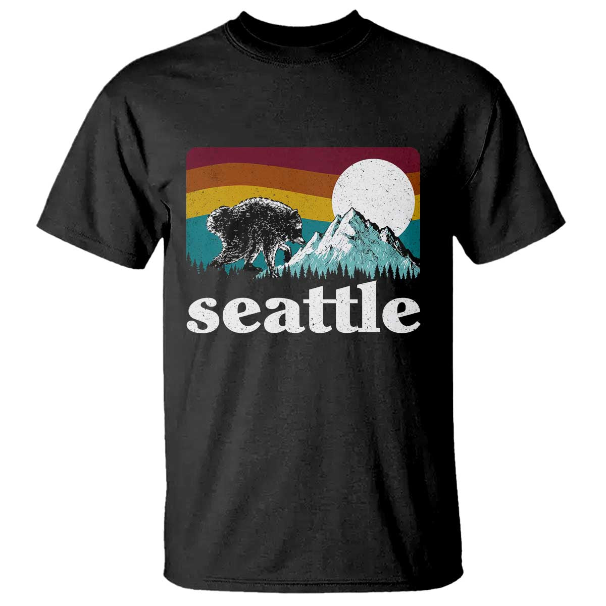 Seattle WA Mountains Jimothy the Raccoon Graphic T Shirt Retro Vintage Sunset Viral Trash Panda Feral Legend TS02 Black Print Your Wear