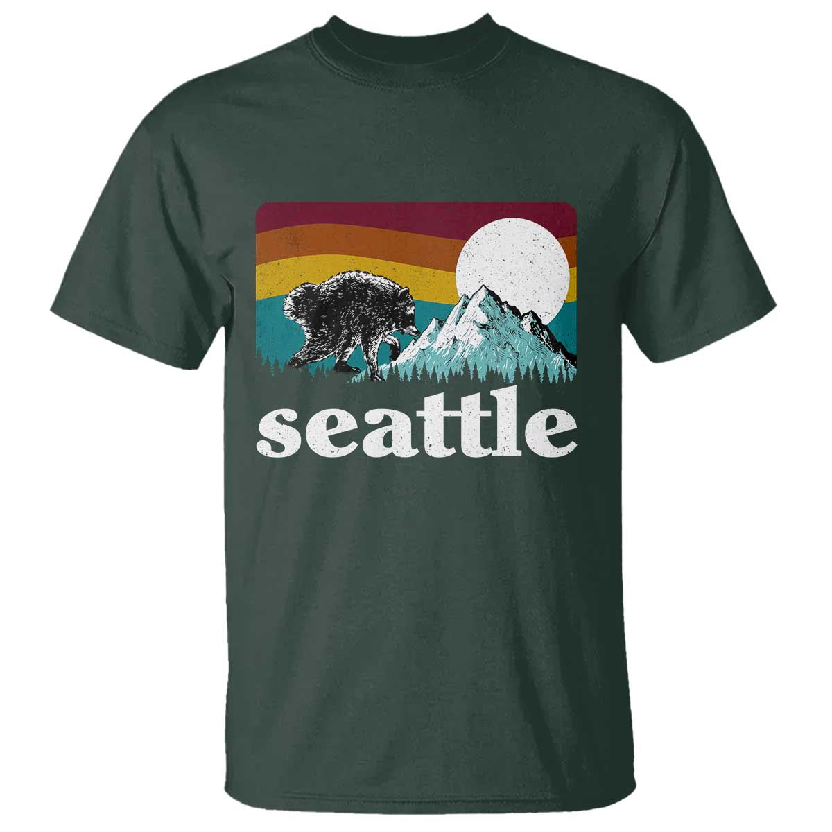 Seattle WA Mountains Jimothy the Raccoon Graphic T Shirt Retro Vintage Sunset Viral Trash Panda Feral Legend