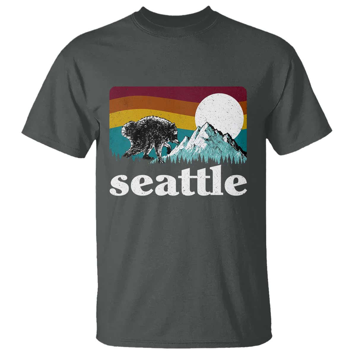 Seattle WA Mountains Jimothy the Raccoon Graphic T Shirt Retro Vintage Sunset Viral Trash Panda Feral Legend