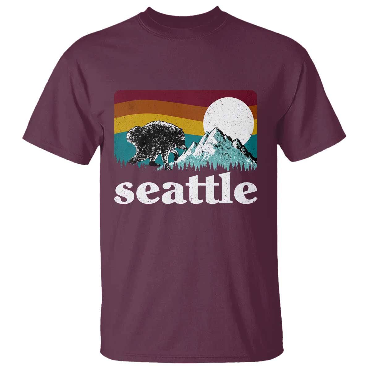 Seattle WA Mountains Jimothy the Raccoon Graphic T Shirt Retro Vintage Sunset Viral Trash Panda Feral Legend