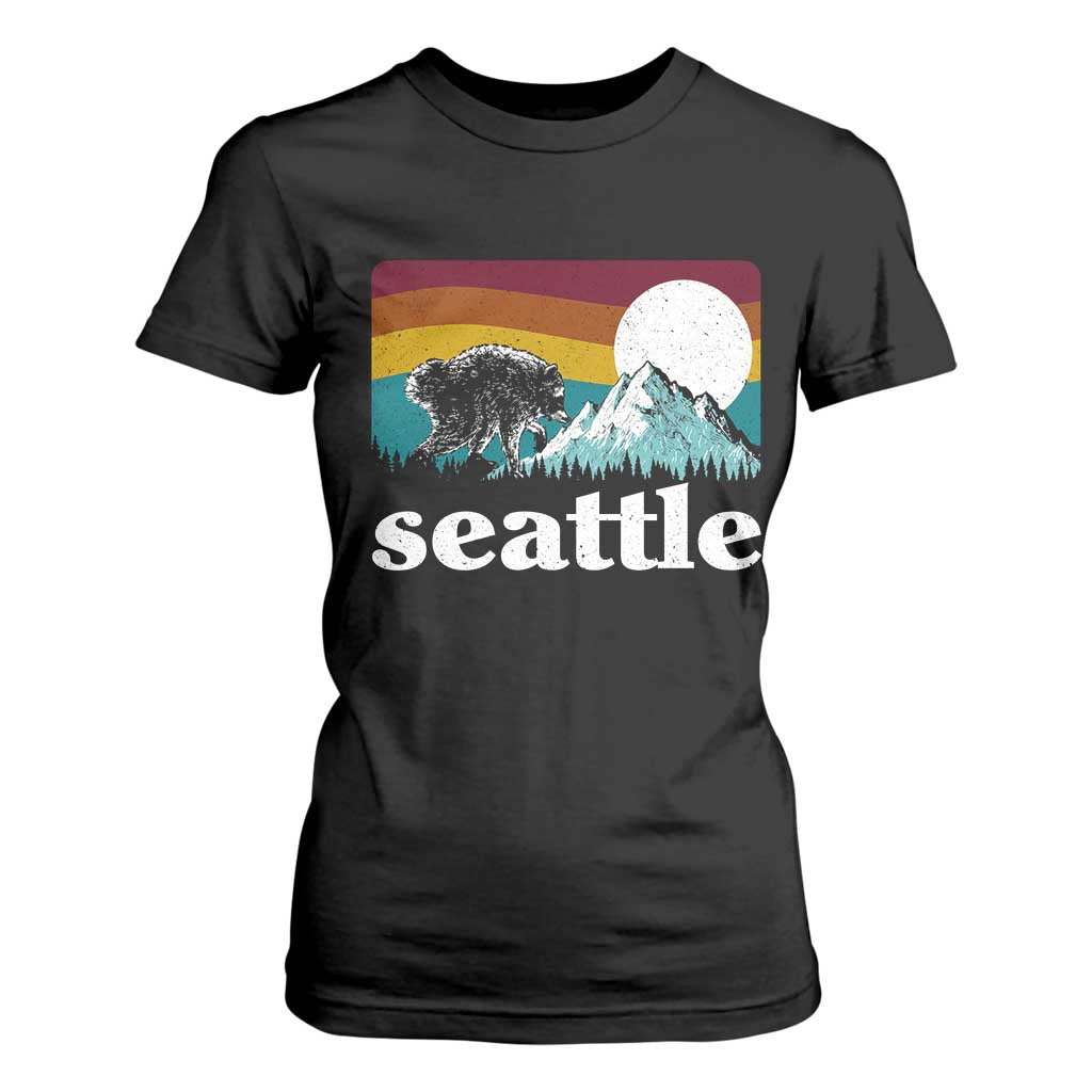 Seattle WA Mountains Jimothy the Raccoon Graphic T Shirt For Women Retro Vintage Sunset Viral Trash Panda Feral Legend
