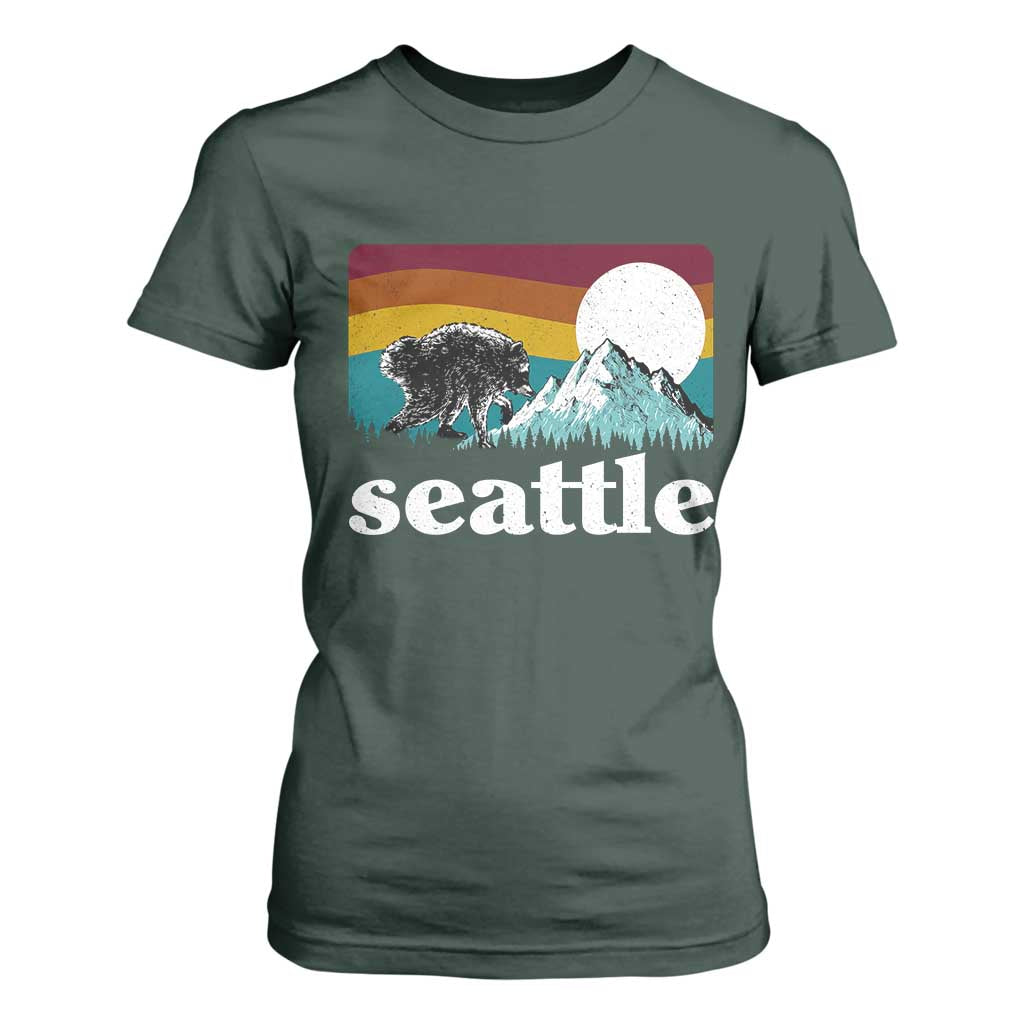 Seattle WA Mountains Jimothy the Raccoon Graphic T Shirt For Women Retro Vintage Sunset Viral Trash Panda Feral Legend