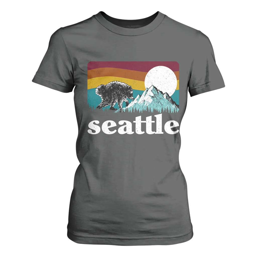 Seattle WA Mountains Jimothy the Raccoon Graphic T Shirt For Women Retro Vintage Sunset Viral Trash Panda Feral Legend