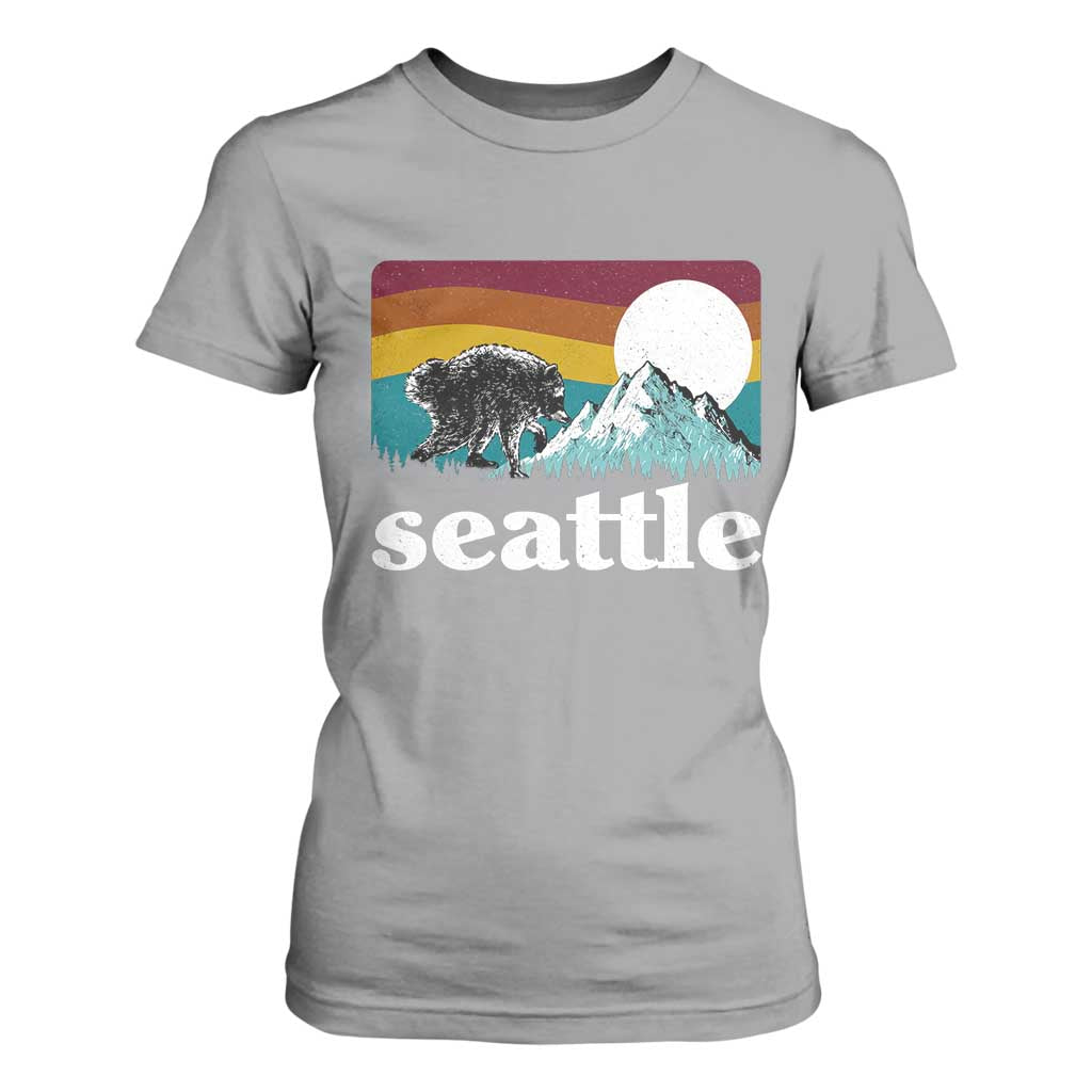 Seattle WA Mountains Jimothy the Raccoon Graphic T Shirt For Women Retro Vintage Sunset Viral Trash Panda Feral Legend