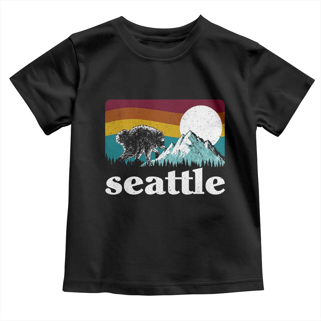 Seattle WA Mountains Jimothy the Raccoon Graphic Toddler T Shirt Retro Vintage Sunset Viral Trash Panda Feral Legend