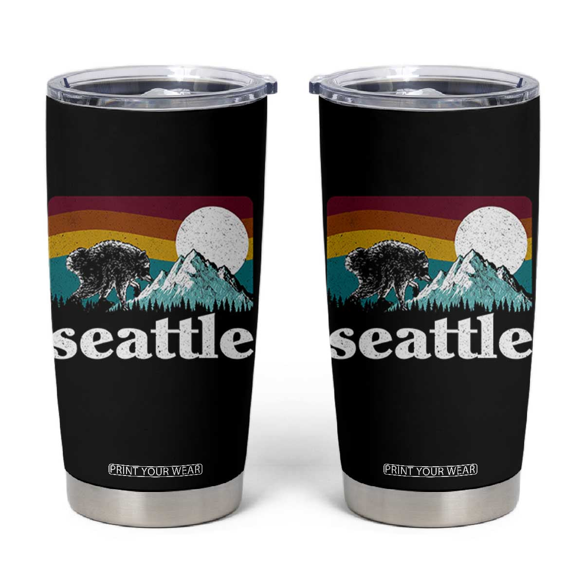 Seattle WA Mountains Jimothy the Raccoon Graphic Tumbler Cup Retro Vintage Sunset Viral Trash Panda Feral Legend