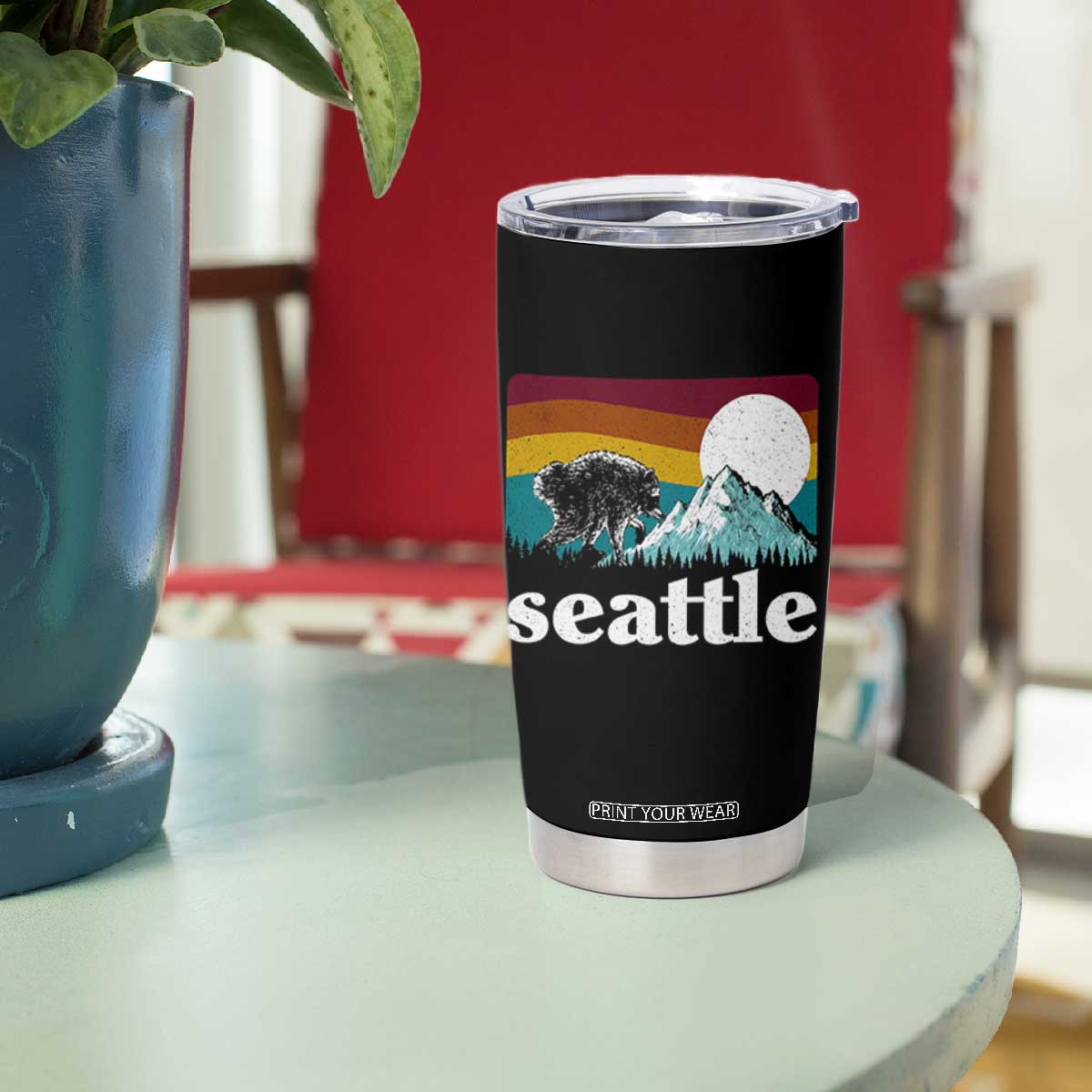 Seattle WA Mountains Jimothy the Raccoon Graphic Tumbler Cup Retro Vintage Sunset Viral Trash Panda Feral Legend