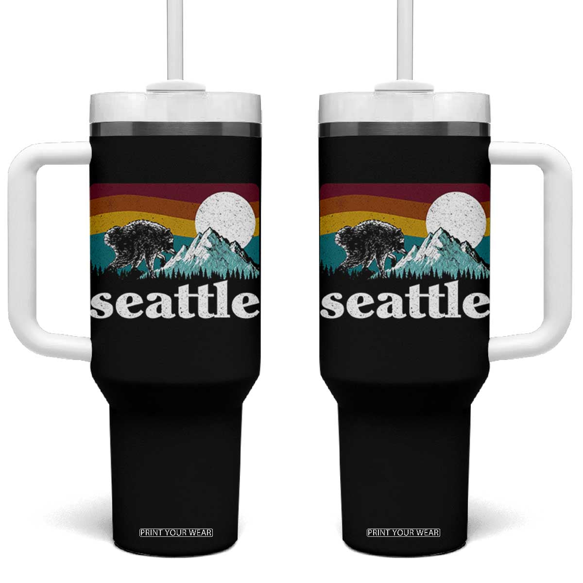 Seattle WA Mountains Jimothy the Raccoon Graphic Tumbler With Handle Retro Vintage Sunset Viral Trash Panda Feral Legend TS02 One Size: 40 oz Black Print Your Wear