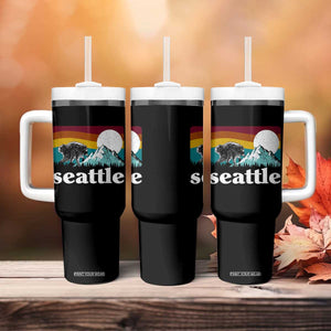 Seattle WA Mountains Jimothy the Raccoon Graphic Tumbler With Handle Retro Vintage Sunset Viral Trash Panda Feral Legend