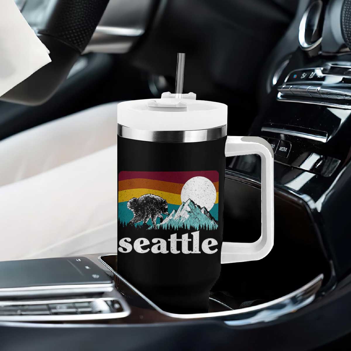 Seattle WA Mountains Jimothy the Raccoon Graphic Tumbler With Handle Retro Vintage Sunset Viral Trash Panda Feral Legend
