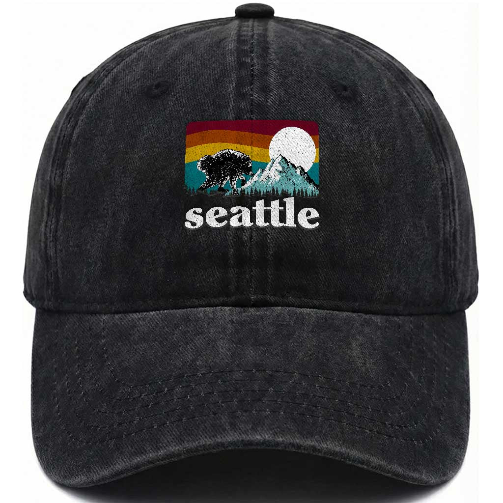 Seattle WA Mountains Jimothy the Raccoon Graphic Washed Cotton Baseball Cap Retro Vintage Sunset Viral Trash Panda Feral Legend TS02 Print Your Wear