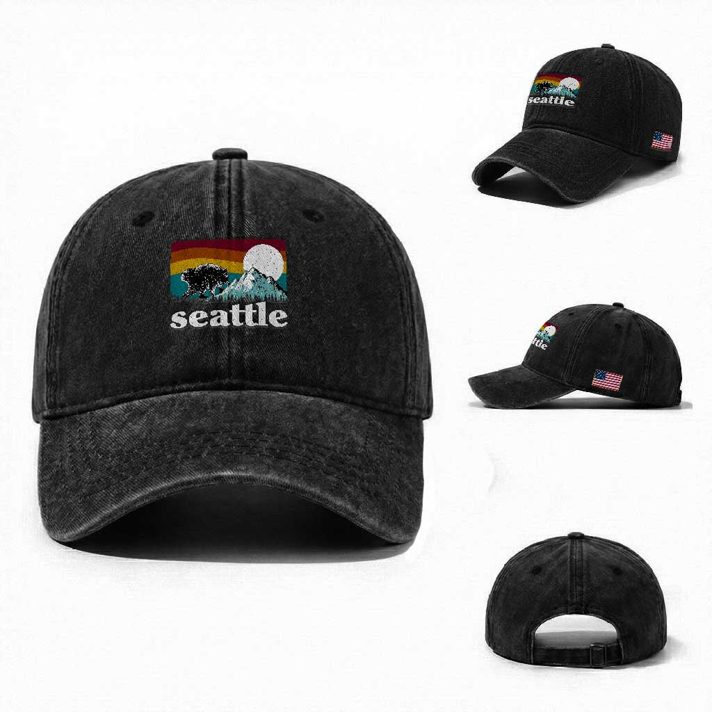 Seattle WA Mountains Jimothy the Raccoon Graphic Washed Cotton Baseball Cap Retro Vintage Sunset Viral Trash Panda Feral Legend