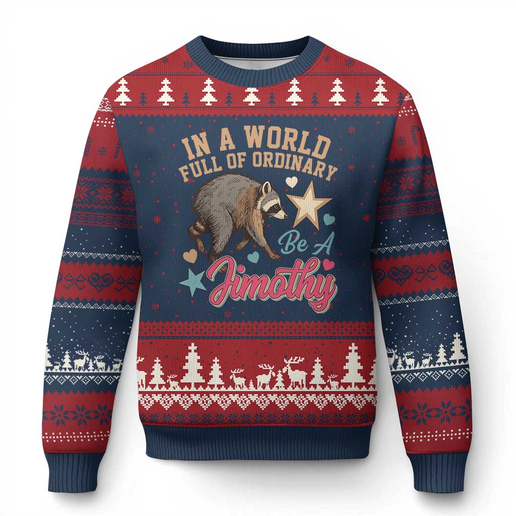 In A World Full Of Ordinary Be A Jimothy Inspirational Ugly Christmas Sweater Cute Vintage Viral Seattle Raccoon Feral Legend Supporter TS02 Navy Red Print Your Wear