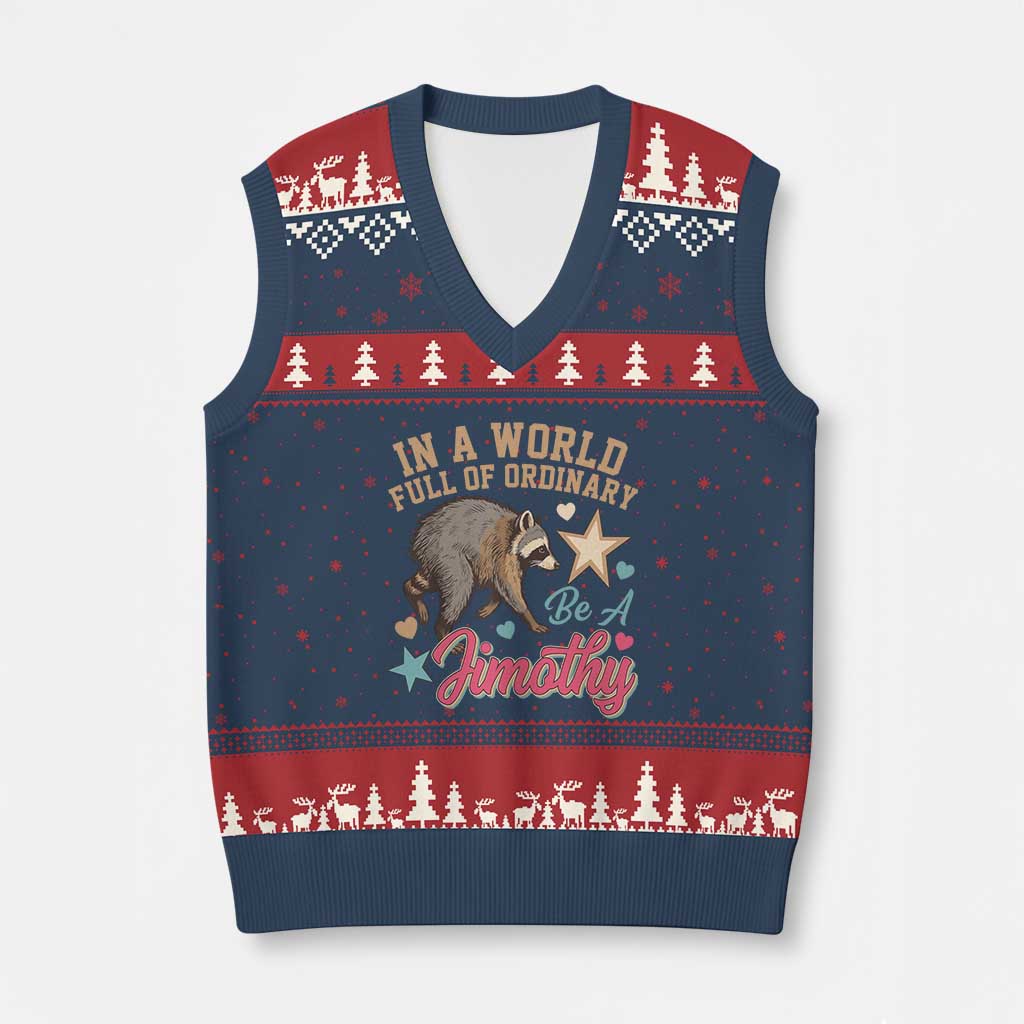 In A World Full Of Ordinary Be A Jimothy Inspirational V-Neck Knit Sweater Vest Cute Vintage Viral Seattle Raccoon Feral Legend Supporter TS02 Navy Red Print Your Wear