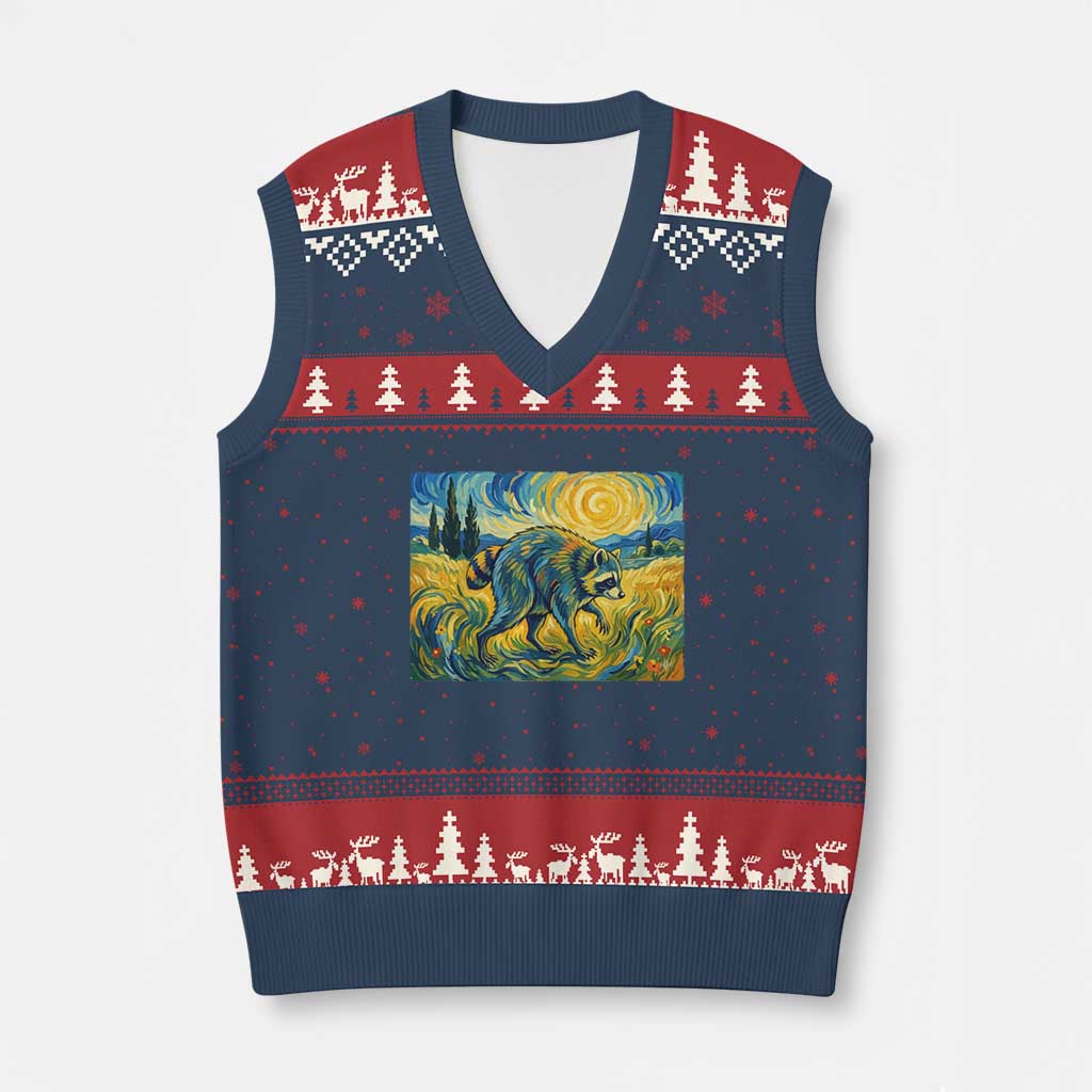 Jimothy Viral Seattle Raccoon Starry Night Style Graphic V-Neck Knit Sweater Vest Trash Panda Feral Legend Supporter TS02 Navy Red Print Your Wear
