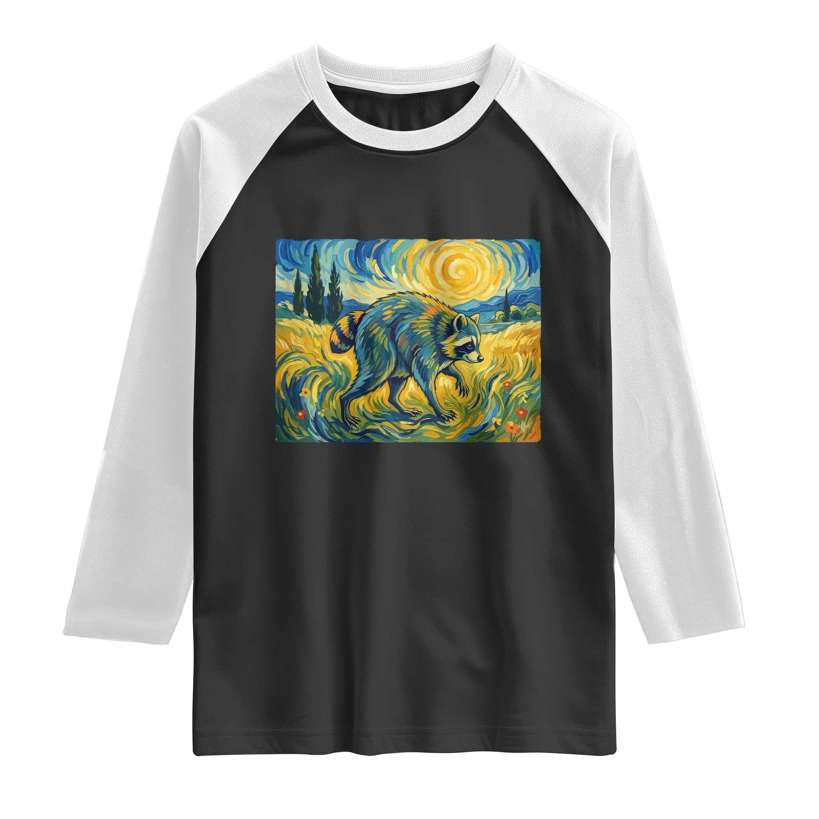 Jimothy Viral Seattle Raccoon Starry Night Style Graphic Raglan Shirt Trash Panda Feral Legend Supporter TS02 Black White Print Your Wear