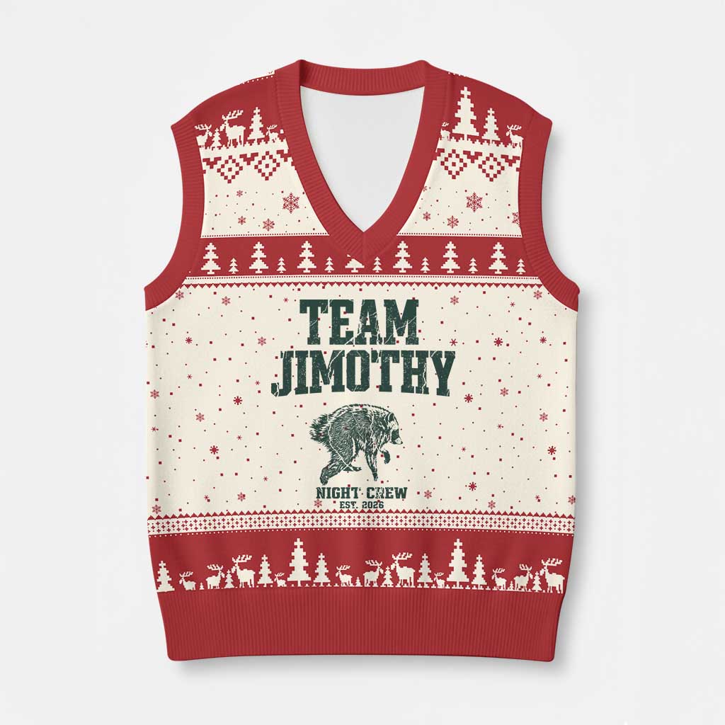 Team Jimothy Night Crew Est 2026 Viral Seattle Raccoon V-Neck Knit Sweater Vest Feral Legend Trash Panda Vintage Athletic Style Graphic TS02 Beige Red Print Your Wear