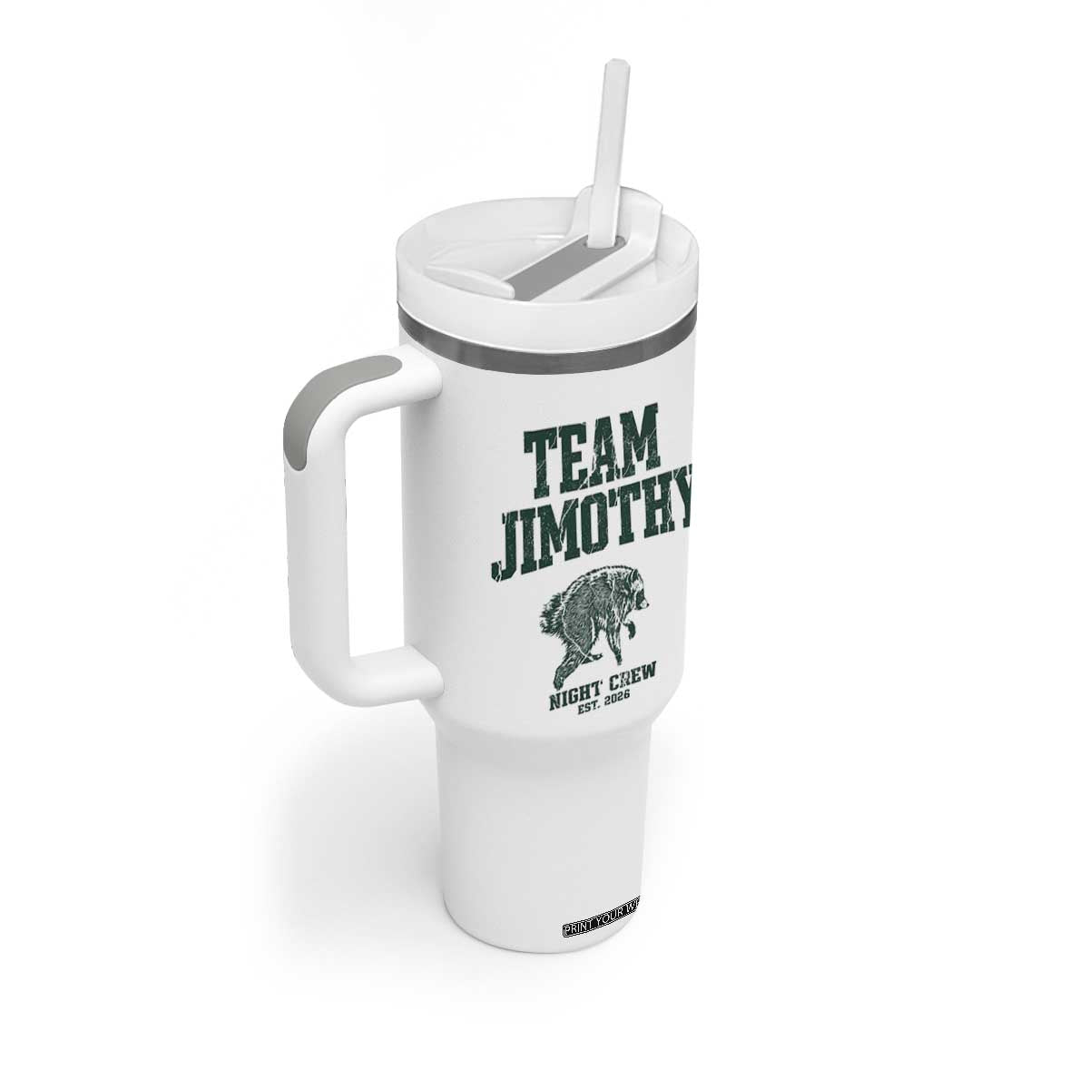 Team Jimothy Night Crew Est 2026 Viral Seattle Raccoon Tumbler With Handle Feral Legend Trash Panda Vintage Athletic Style Graphic