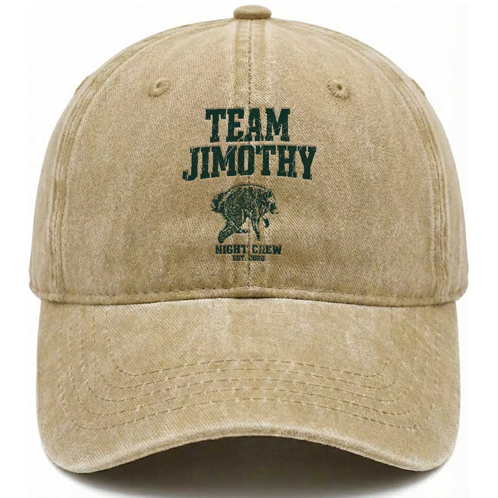 Team Jimothy Night Crew Est 2026 Viral Seattle Raccoon Washed Cotton Baseball Cap Feral Legend Trash Panda Vintage Athletic Style Graphic TS02 Print Your Wear