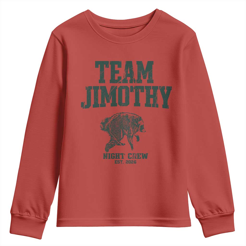 Team Jimothy Night Crew Est 2026 Viral Seattle Raccoon Youth Sweatshirt Feral Legend Trash Panda Vintage Athletic Style Graphic