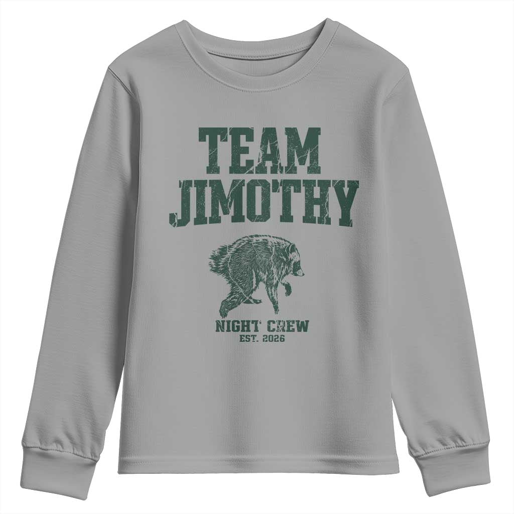 Team Jimothy Night Crew Est 2026 Viral Seattle Raccoon Youth Sweatshirt Feral Legend Trash Panda Vintage Athletic Style Graphic
