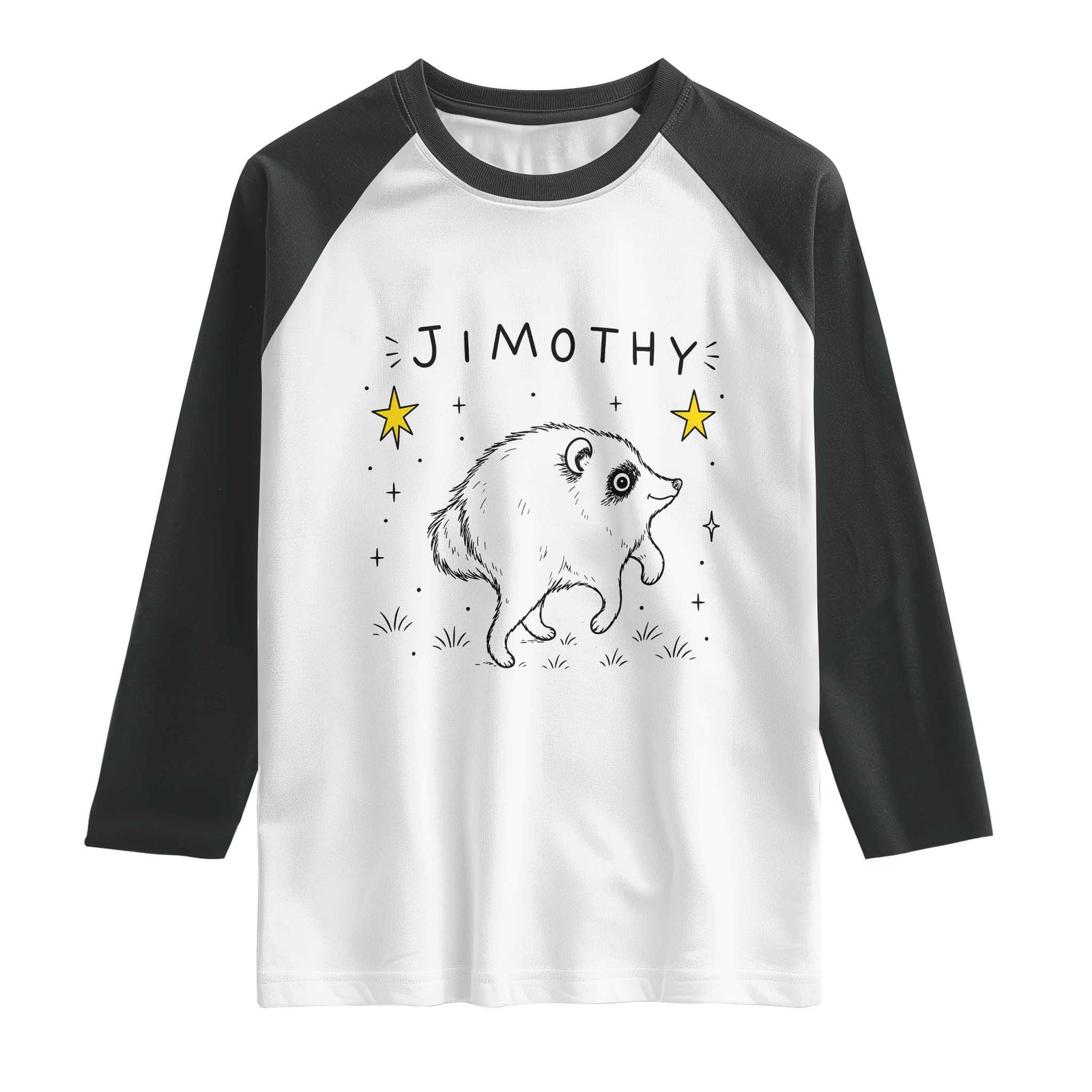 Cute Doodle Starry Jimothy the Raccoon Graphic Raglan Shirt Viral Seattle Trash Panda TS02 White Black Print Your Wear