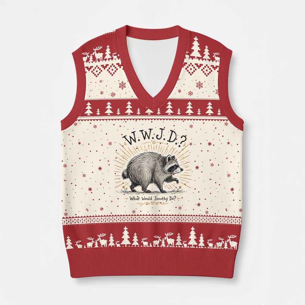 What Would Jimothy Do WWJD Funny Parody V-Neck Knit Sweater Vest Viral Seattle Raccoon Meme Feral Legend Humor TS02 Beige Red Print Your Wear
