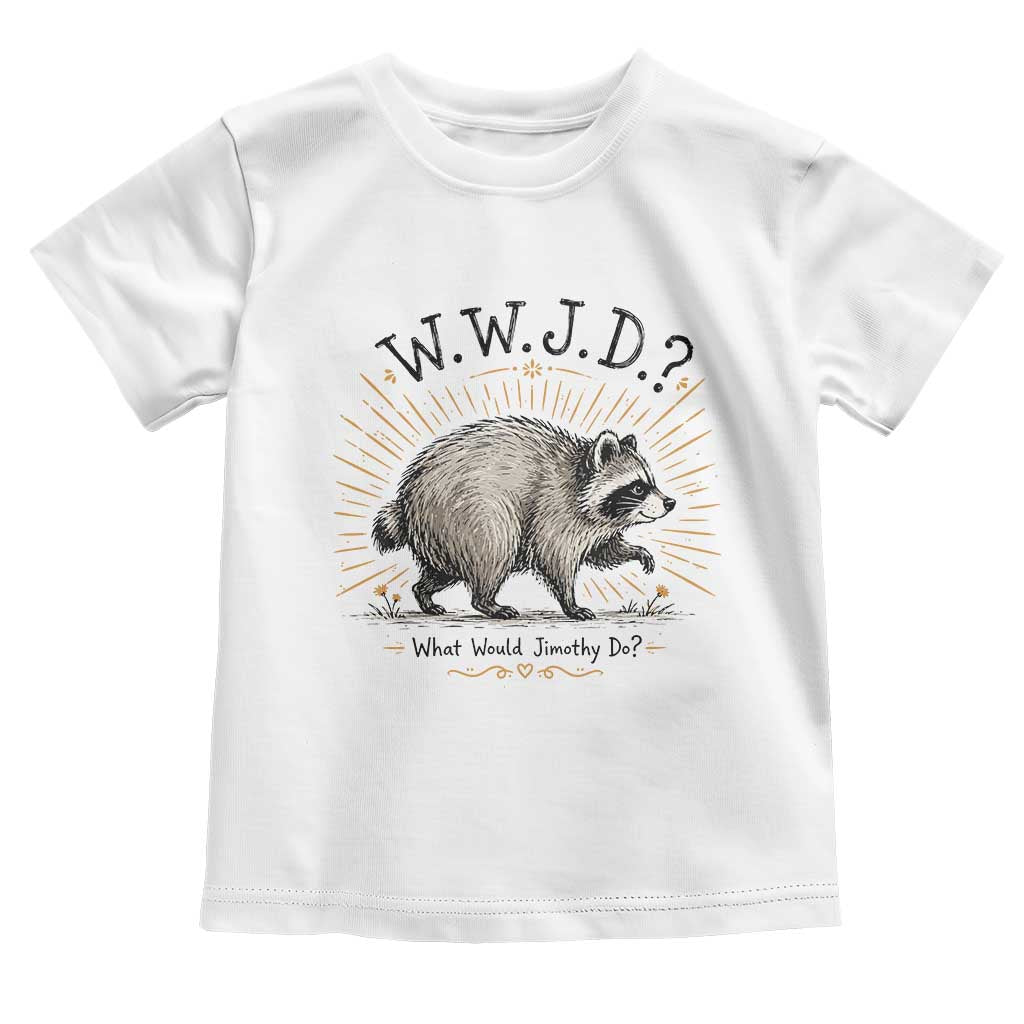 What Would Jimothy Do WWJD Funny Parody Toddler T Shirt Viral Seattle Raccoon Meme Feral Legend Humor TS02 White Print Your Wear