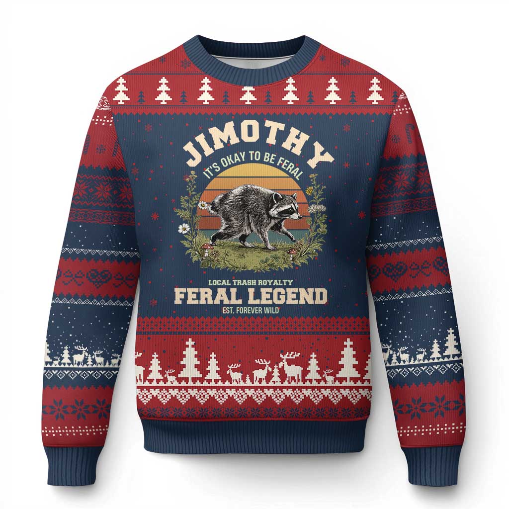 Jimothy Its Okay To Be Feral Seattle Raccoon Cottagecore Ugly Christmas Sweater Local Trash Royalty Wildlife Legend Meme TS02 Navy Red Print Your Wear