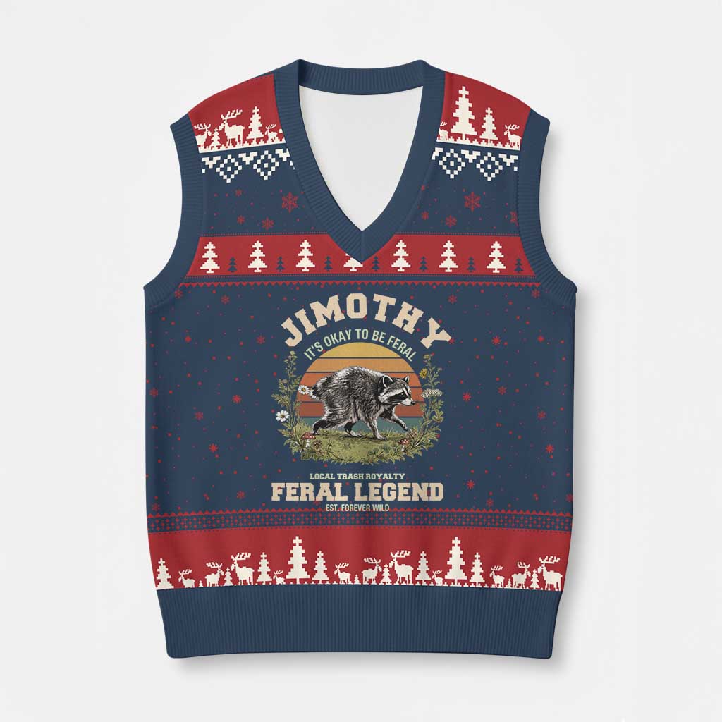 Jimothy Its Okay To Be Feral Seattle Raccoon Cottagecore V-Neck Knit Sweater Vest Local Trash Royalty Wildlife Legend Meme TS02 Navy Red Print Your Wear