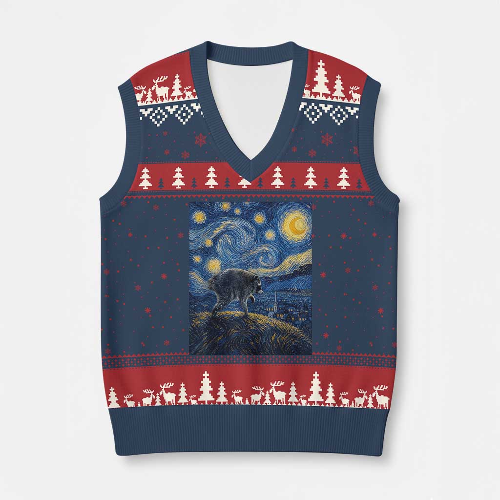 Jimothy Seattle Raccoon Starry Night Parody Graphic V-Neck Knit Sweater Vest Trash Panda Feral Legend Supporter TS02 Navy Red Print Your Wear