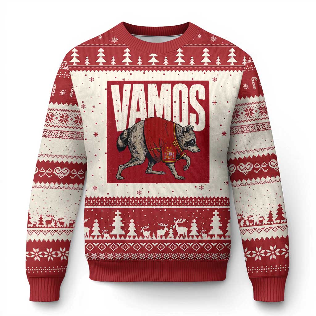 Funny Jimothy Vamos Spain Soccer Fans Parody Ugly Christmas Sweater Seattle Raccoon Espana Champs Victory Celebration TS02 Beige Red Print Your Wear