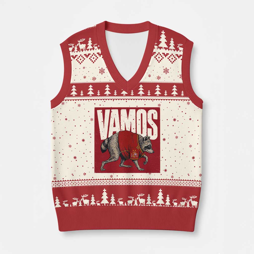 Funny Jimothy Vamos Spain Soccer Fans Parody V-Neck Knit Sweater Vest Seattle Raccoon Espana Champs Victory Celebration TS02 Beige Red Print Your Wear