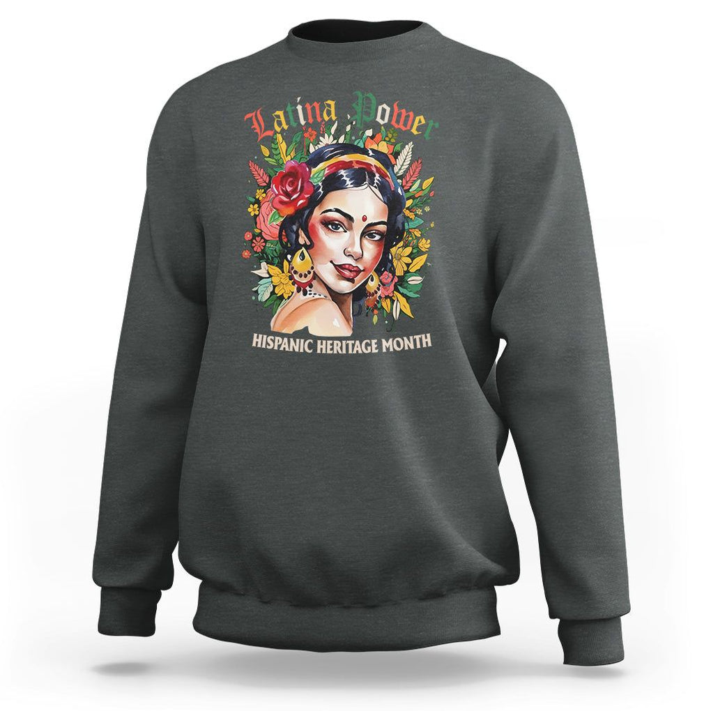 Hispanic Heritage Month Sweatshirt Mexican Latina Power Flowers TS02 Dark Heather Printyourwear