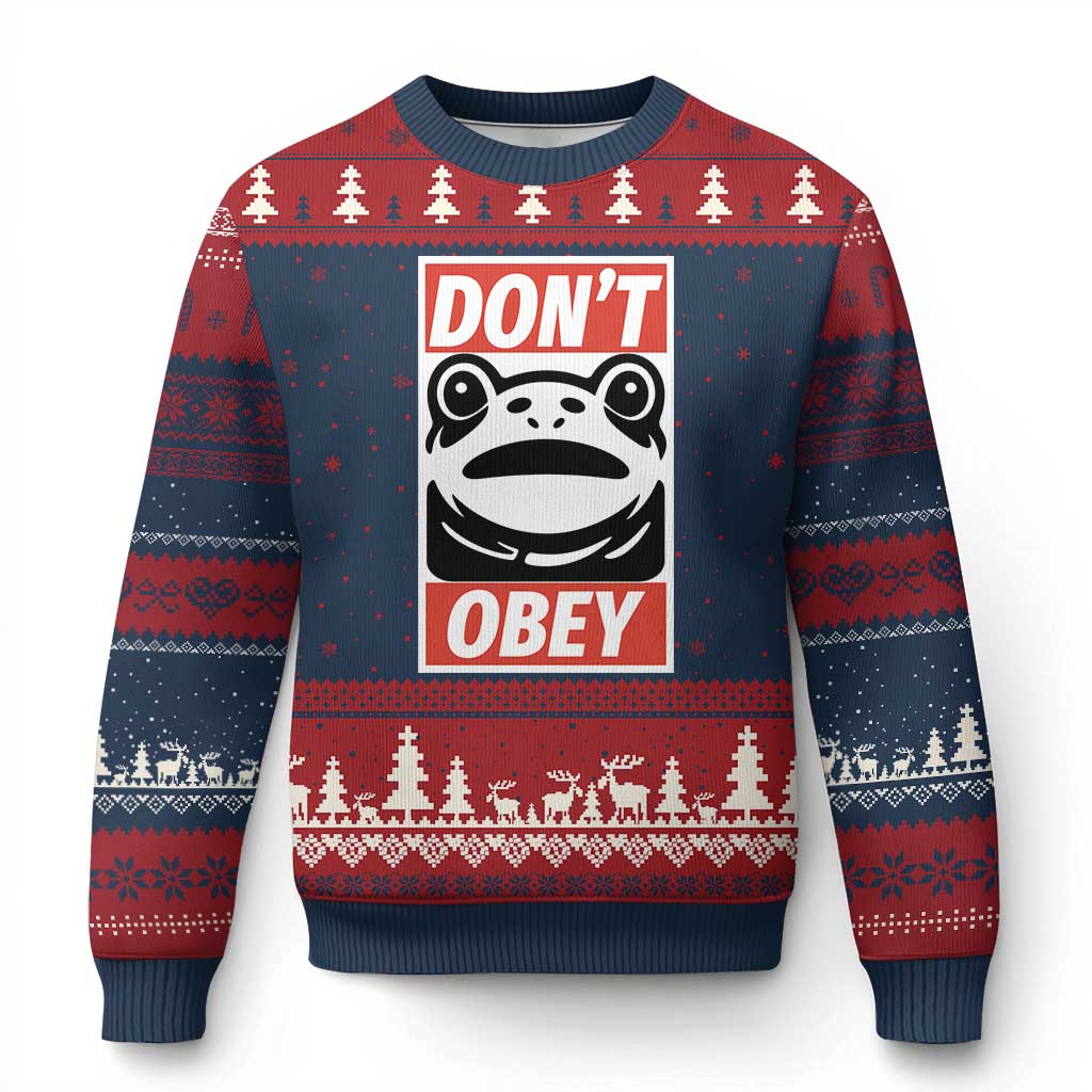Don't Obey Portland Frog Ugly Christmas Sweater Protest Parody Poster Graphic TS02 Navy Red Print Your Wear