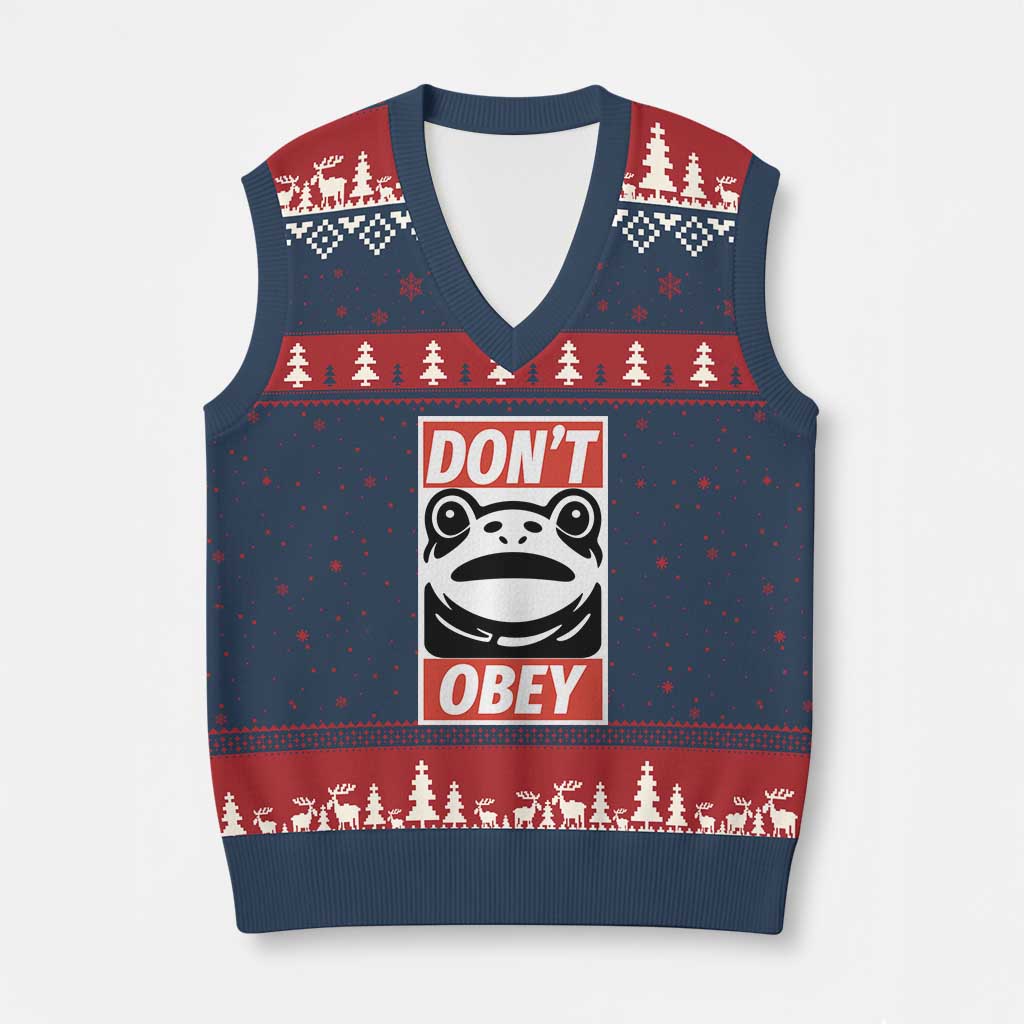 Don't Obey Portland Frog V-Neck Knit Sweater Vest Protest Parody Poster Graphic TS02 Navy Red Print Your Wear