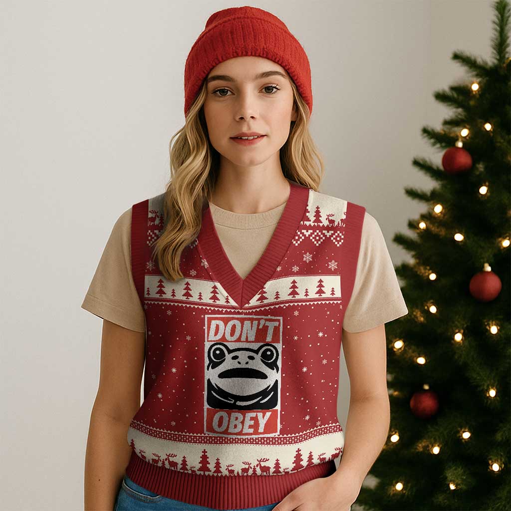 Don't Obey Portland Frog V-Neck Knit Sweater Vest Protest Parody Poster Graphic TS02 Red Beige Print Your Wear