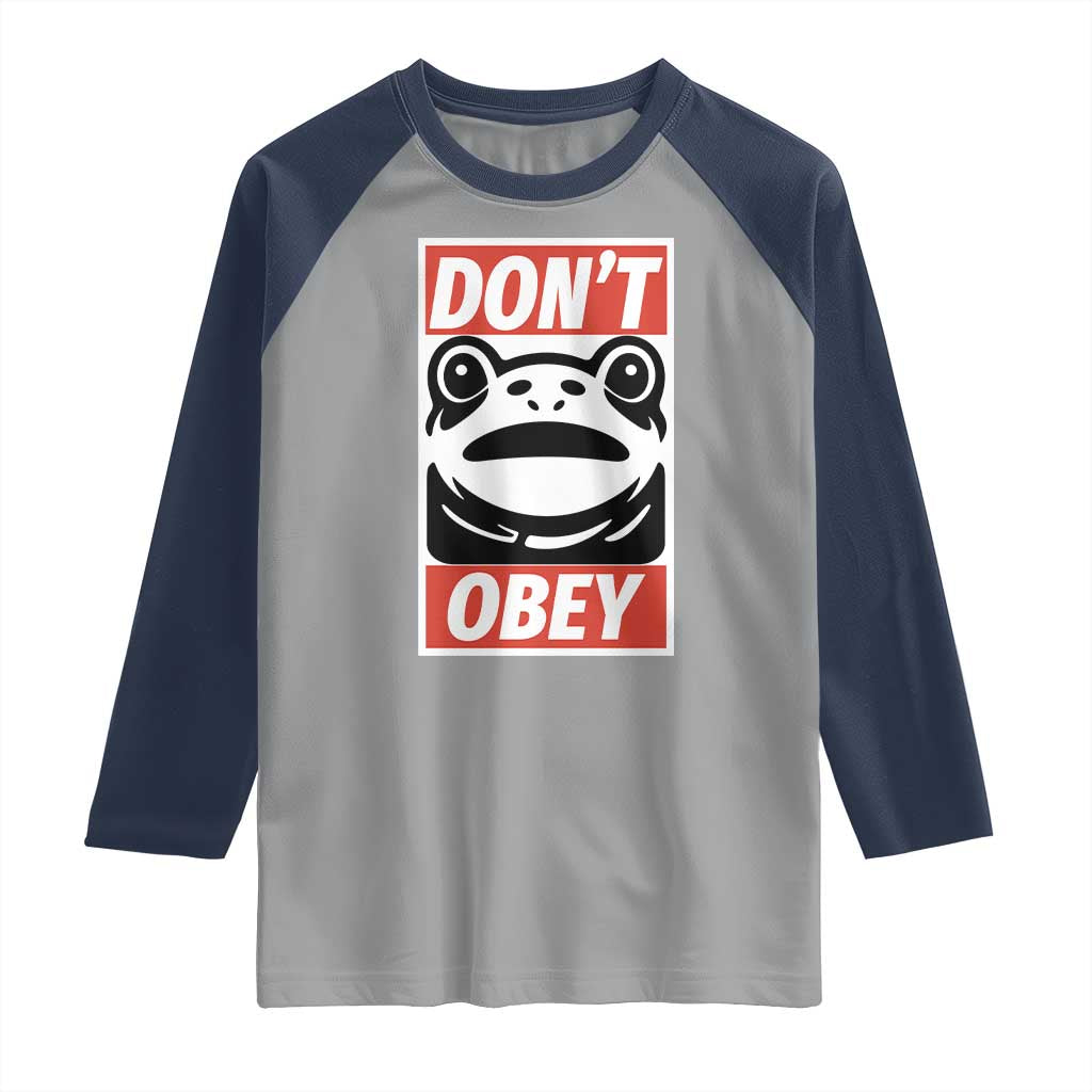 Don't Obey Portland Frog Raglan Shirt Protest Parody Poster Graphic TS02 Sport Gray Navy Print Your Wear