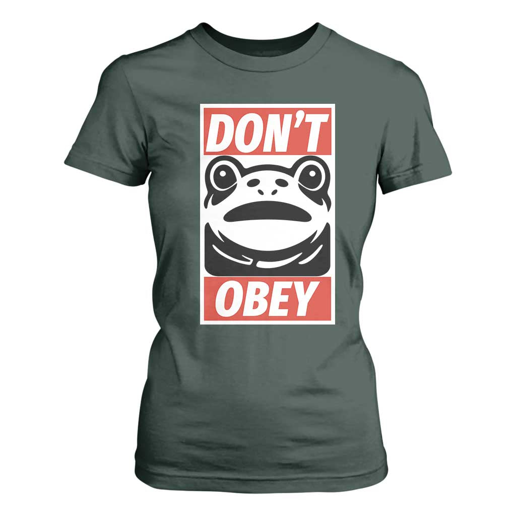 Don't Obey Portland Frog T Shirt For Women Protest Parody Poster Graphic TS02 Dark Forest Green Print Your Wear