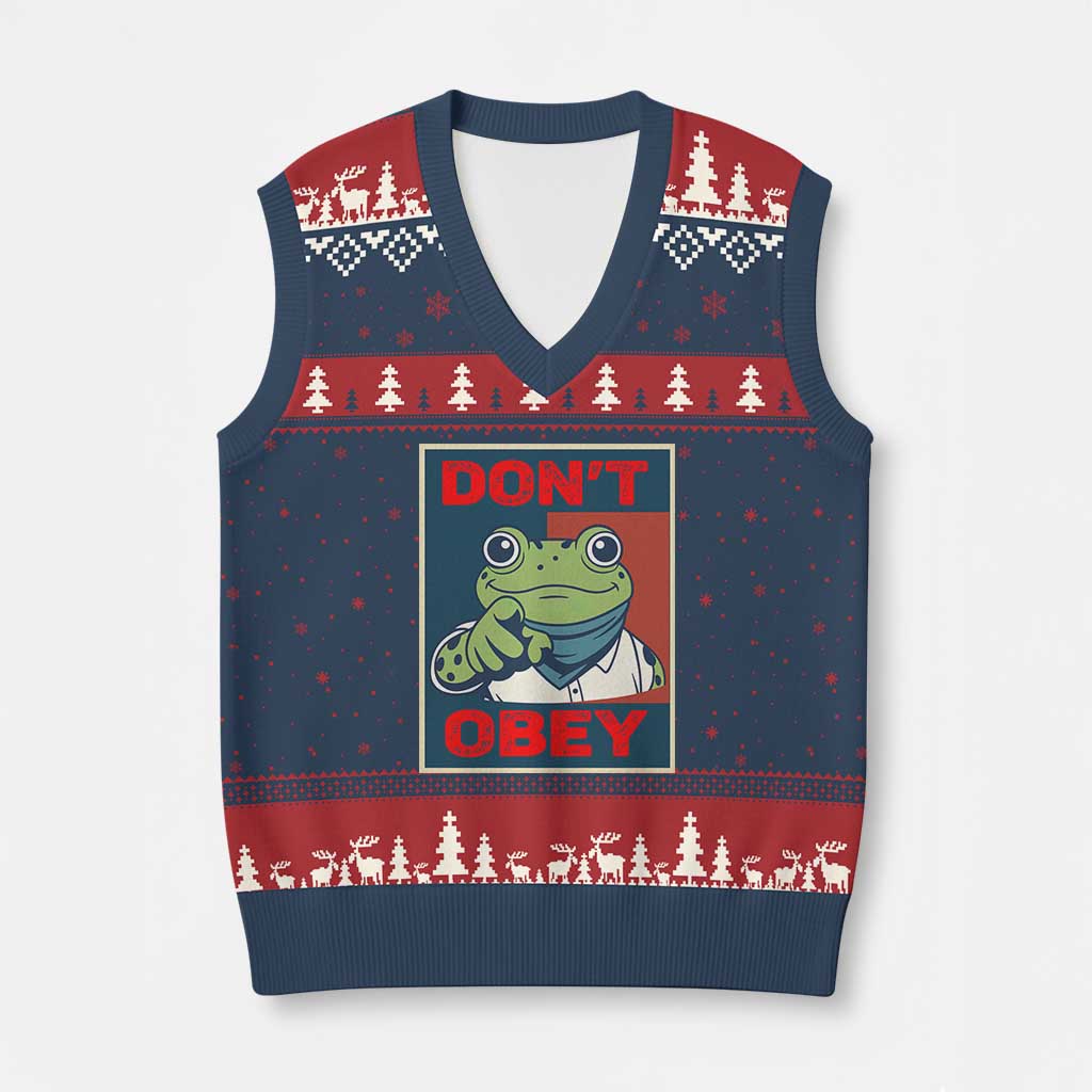 Don't Obey Portland Frog V-Neck Knit Sweater Vest Frogs Protest Activism Hope Style Poster Graphic - Print Your Wear