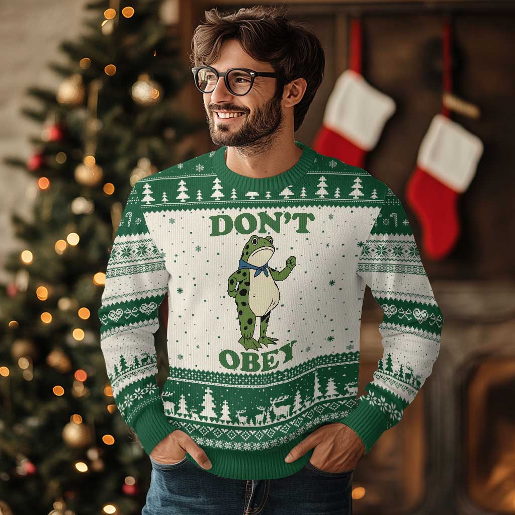 Don't Obey Portland Frog Ugly Christmas Sweater Resist Inflatable Frogs Protest TS02 Beige Green Print Your Wear