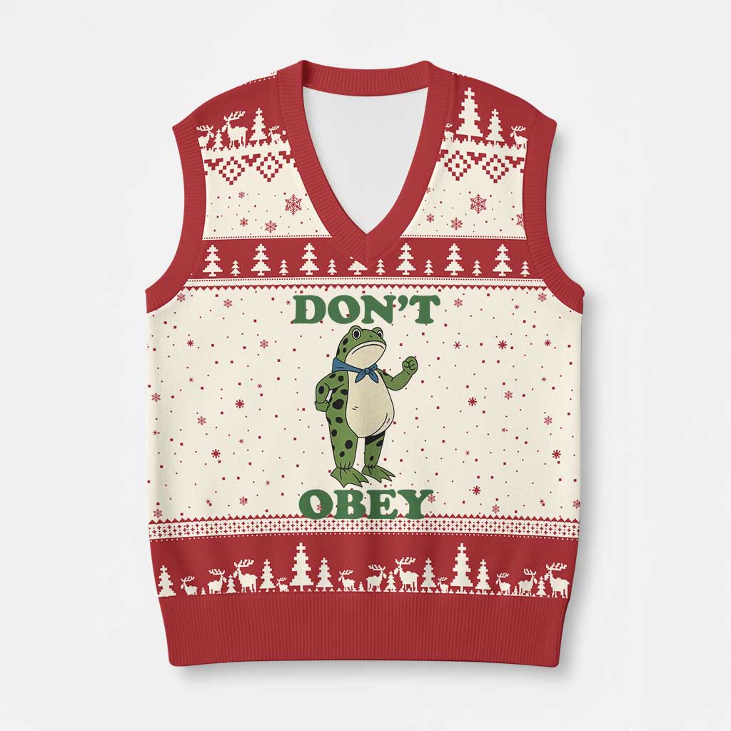 Don't Obey Portland Frog V-Neck Knit Sweater Vest Resist Inflatable Frogs Protest - Print Your Wear