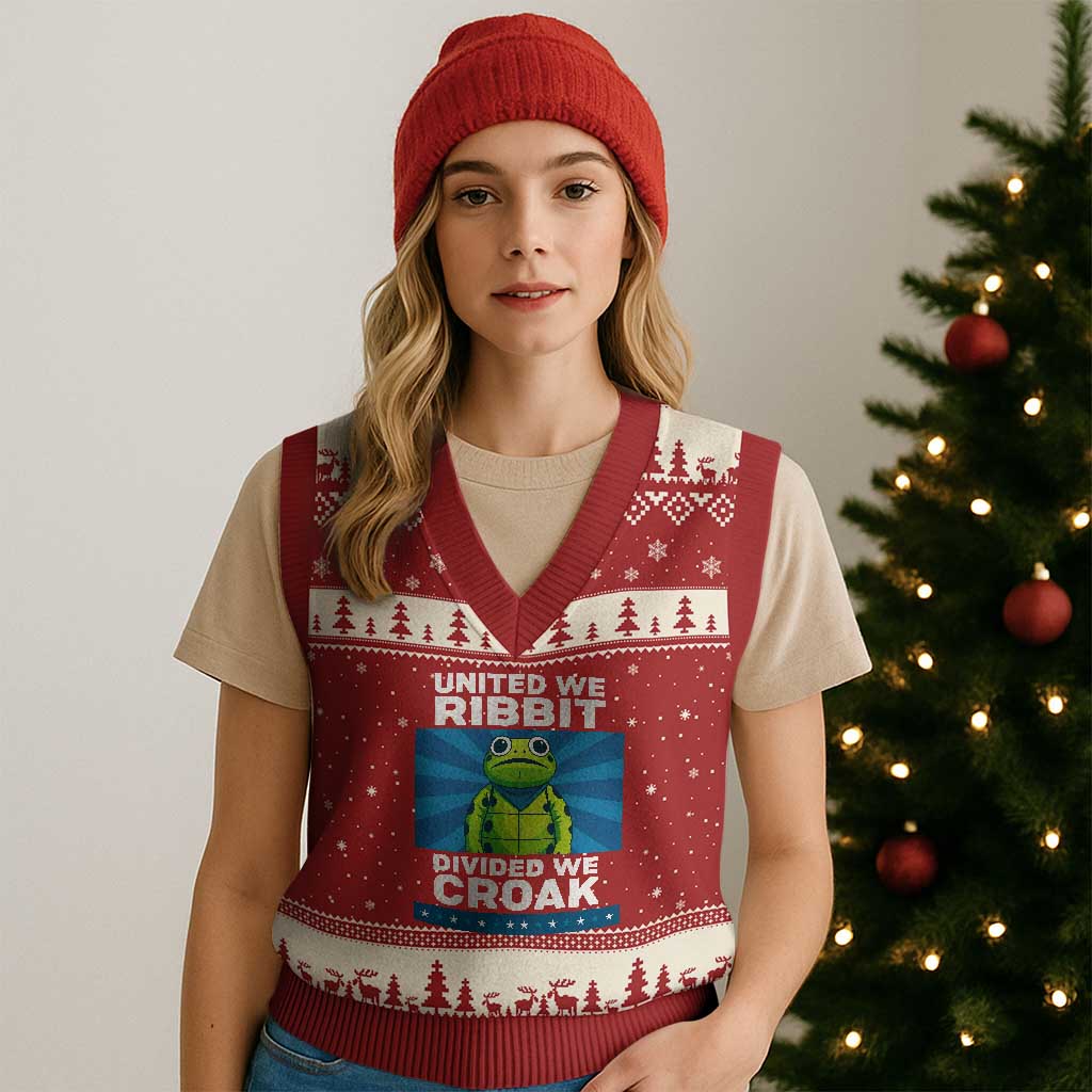 Patriotic Protest Portland Frog V-Neck Knit Sweater Vest United We Ribbit Divided We Croak Resist TS02 Red Beige Print Your Wear