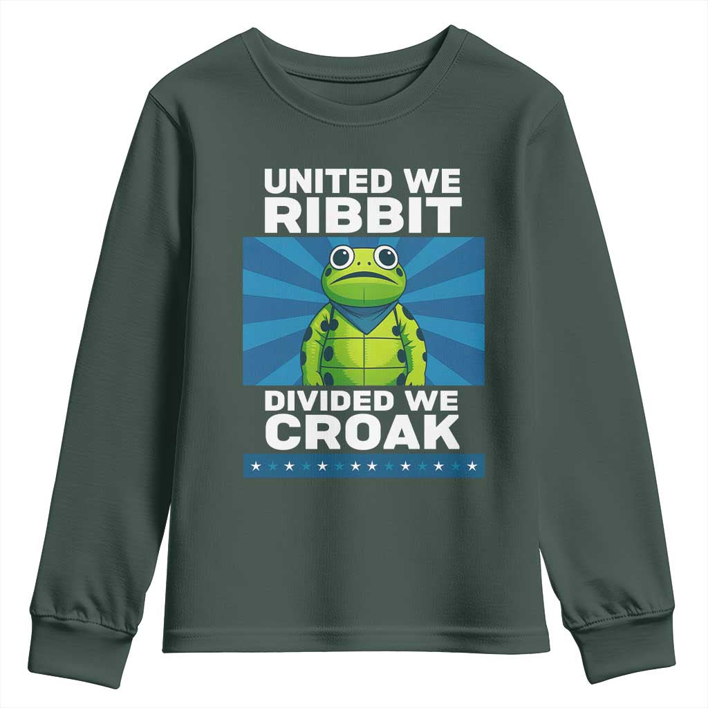 Patriotic Protest Portland Frog Youth Sweatshirt United We Ribbit Divided We Croak Resist TS02 Dark Forest Green Print Your Wear
