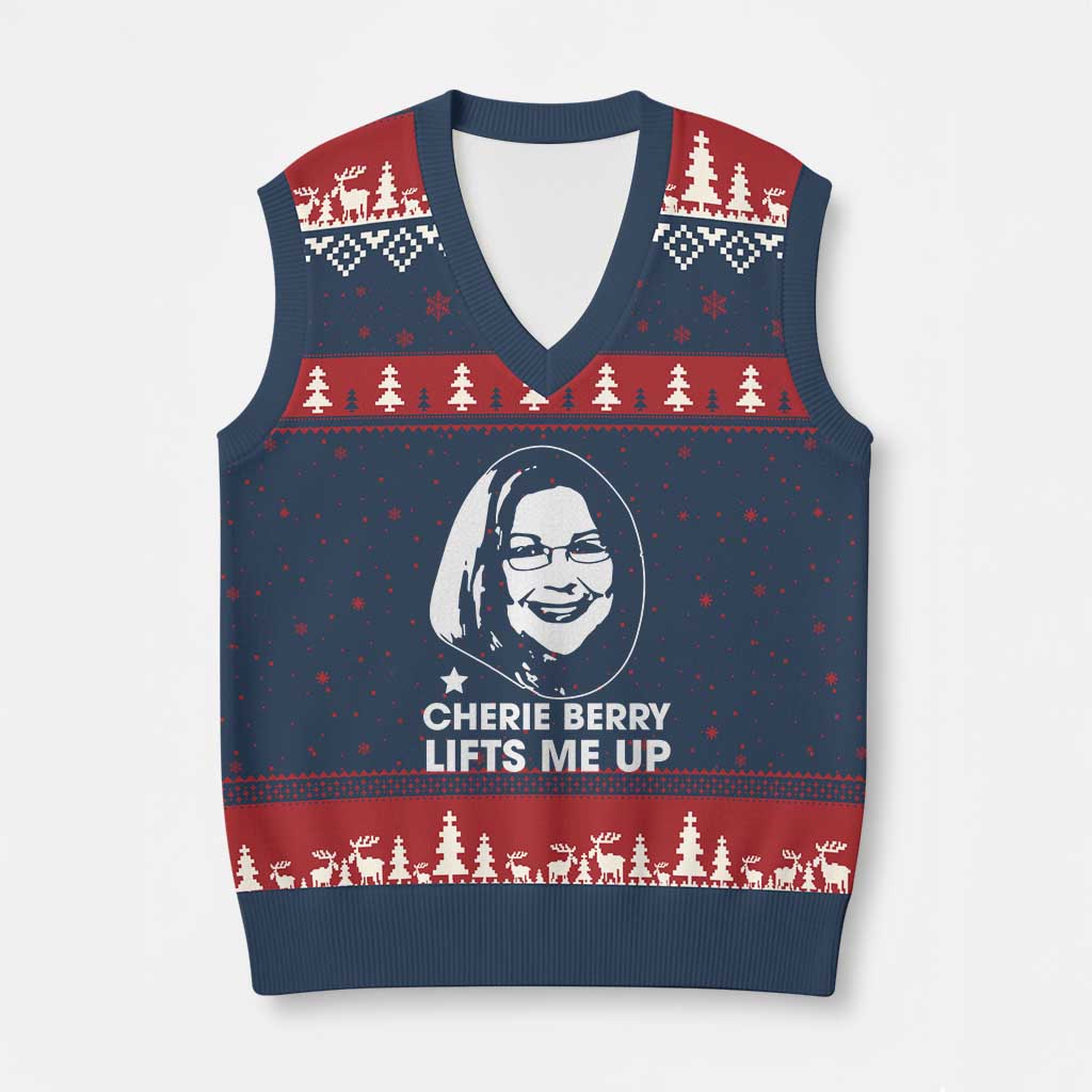 Cherie Berry Lifts Me Up V-Neck Knit Sweater Vest Elevator Tribute Funny NC Meme TS02 Navy Red Print Your Wear